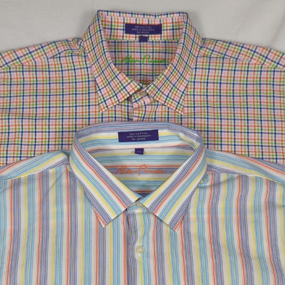 Lot of 2 Alan Flusser Mens XL Button Down Shirt Cotton Plaid Striped Multi-Color